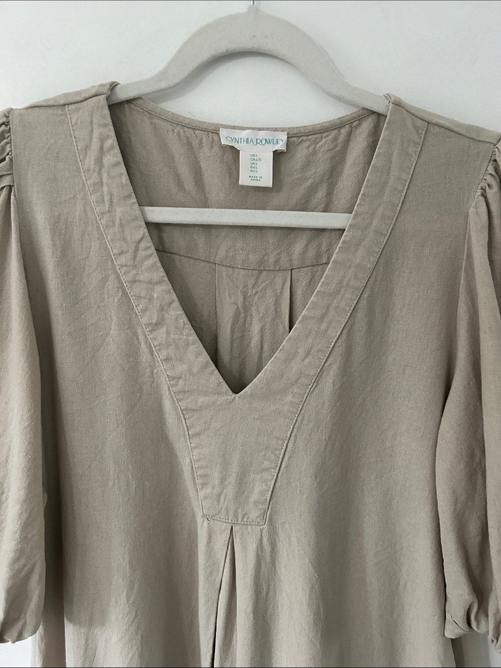 Cynthia Rowley Puff Sleeve Linen Shift Dress Tan Mini Relaxed Boho Shabby Chic - Picture 4 of 14